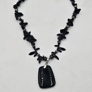 Vintage Blue Goldstone Chip with Black Onyx Beads Necklace Sterling Findings 18"